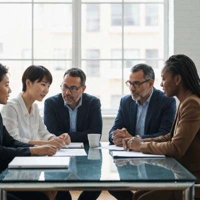 People collaborating around a table, representing ethical strategies and community building