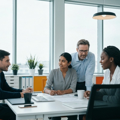 Diverse group of professionals collaborating in a modern office, representing network marketing team building