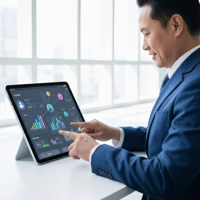 MLM professional using a tablet to manage leads, with a futuristic interface showing data and connections