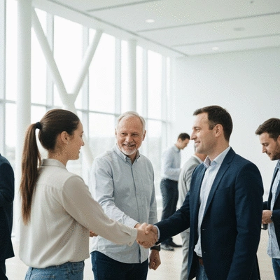Happy diverse group of people networking at a professional event, representing community building and mentorship