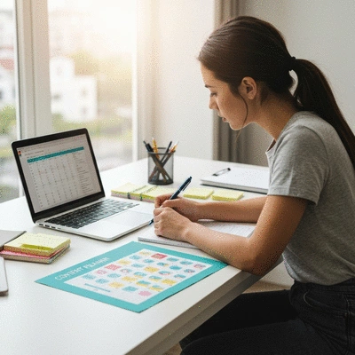 Person planning content strategy with calendar and notes