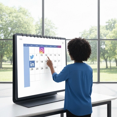 Person planning social media posts on a digital calendar with various social media icons floating around, clean office environment, no text, no words, no typography, 8K