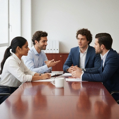 Team members engaging in a constructive discussion, resolving conflicts with a positive attitude