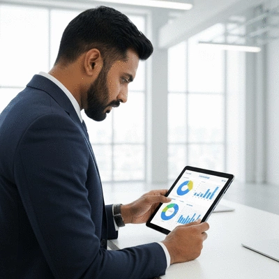 Person analyzing data on a tablet with charts and graphs, representing lead scoring