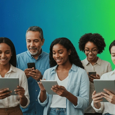 Diverse group of people interacting happily on various social media platforms on their devices, representing community engagement