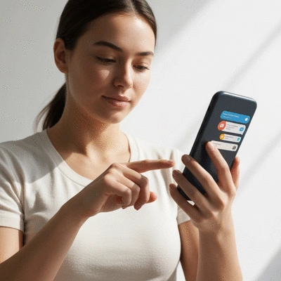 Person using social media on a smartphone, displaying customer service chat bubbles