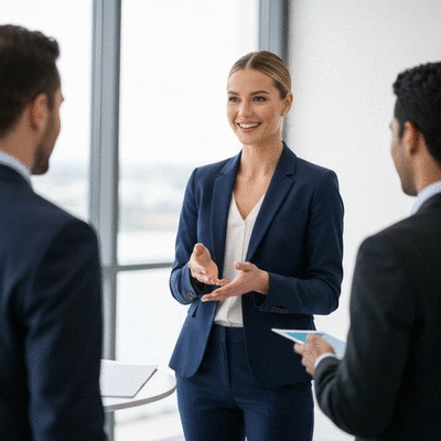Professional woman engaging with a diverse audience during a networking event, representing effective lead generation in MLM.