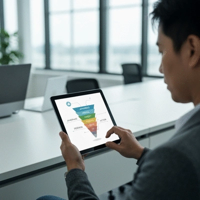 Person using a tablet to manage a lead generation funnel, showing stages of awareness, interest, decision, and action.
