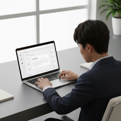 Person using a CRM system with a personalized message on screen, demonstrating automation and personal touch balance