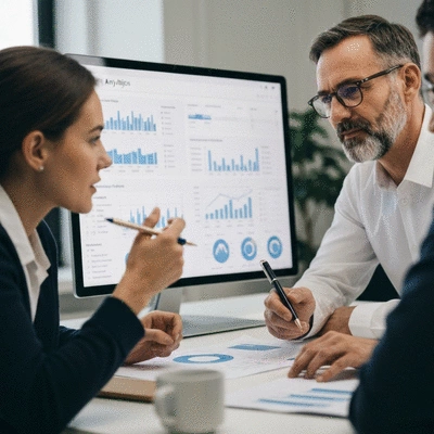 Team collaborating on a social media analytics dashboard, clean image, no text