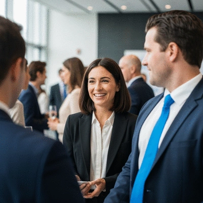 Network marketer engaging with potential leads at a modern networking event