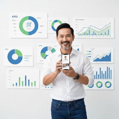 Influencer holding a smartphone displaying social media content, surrounded by marketing analytics. No text, no words, no typography, no labels, clean image.