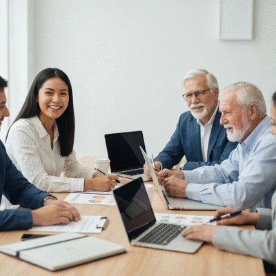Diverse group of people collaborating around a table with laptops and documents, representing MLM distributors and customer engagement strategy, no text, no words, no typography, no labels, clean image