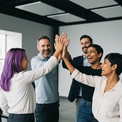 Team members celebrating success, high-fiving in a modern office, symbolizing achievement and positive culture
