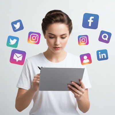 Person analyzing data on a tablet, representing social media automation tools