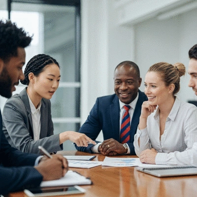 Diverse group of professionals collaborating and sharing ideas