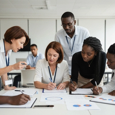 Diverse group of people in a workshop setting, actively collaborating and discussing ideas, professional and engaging, natural lighting, clean image