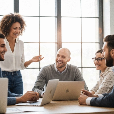 Diverse group of people collaborating on laptops and tablets in a modern office, representing team building and support