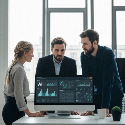 Professional team collaborating around a digital dashboard showing AI insights, clean modern office, no text, no words, no typography